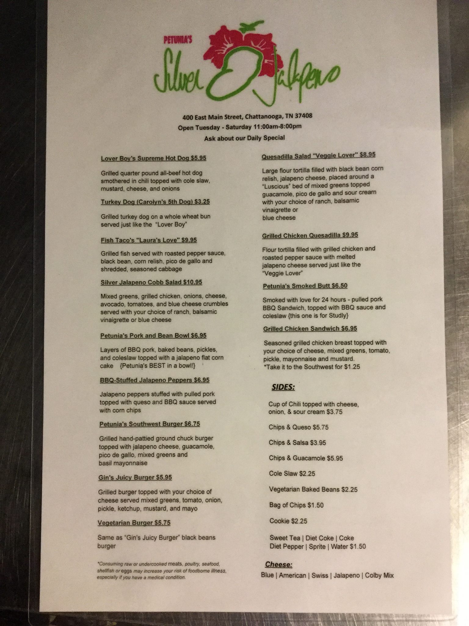 Petunias Silver Jalapeno Menu