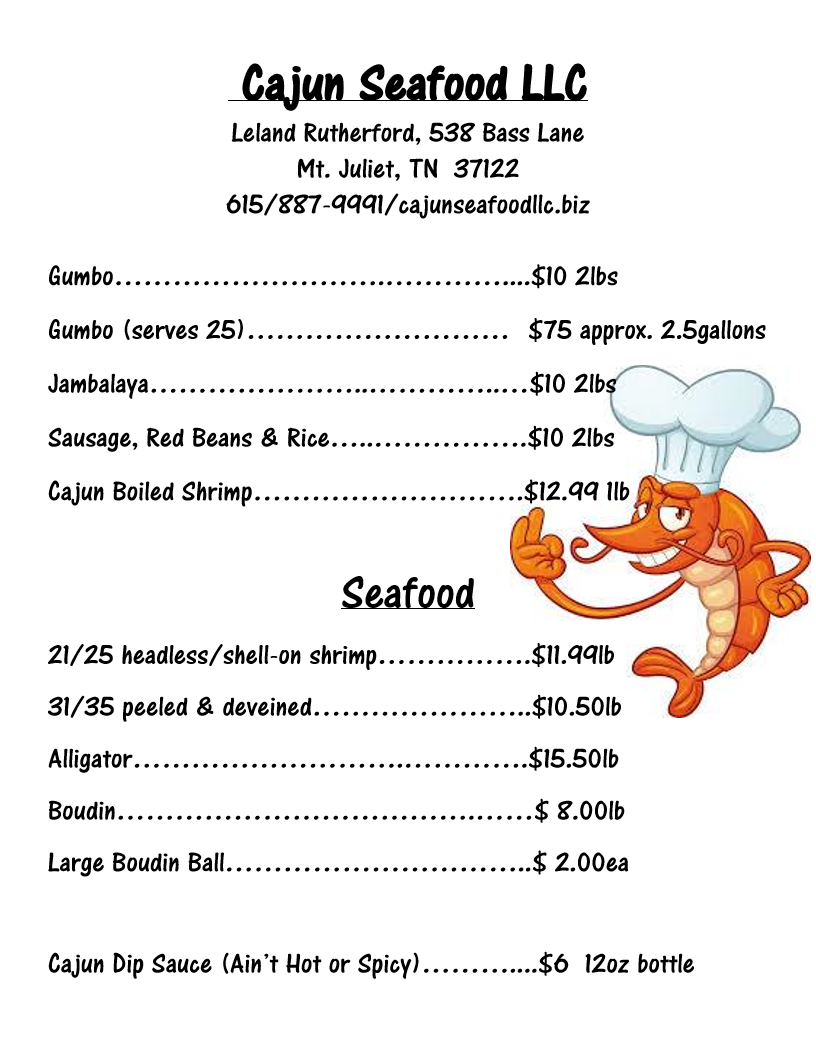 Cajun Seafood Menu