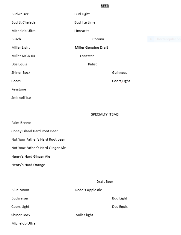 6th Street Saloon Menu