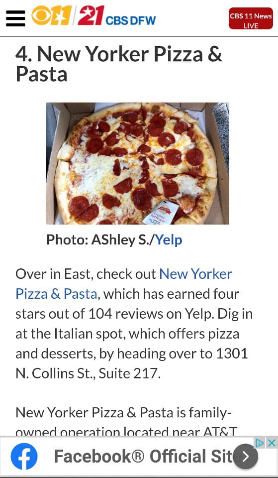 New Yorker Pizza & Pasta 1301 N Collins St #217, Arlington