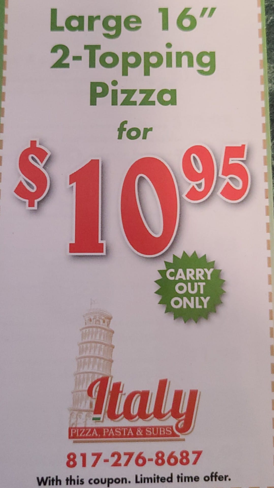 Italy Pasta Pizza & Subs 2221 Browning Dr, Arlington
