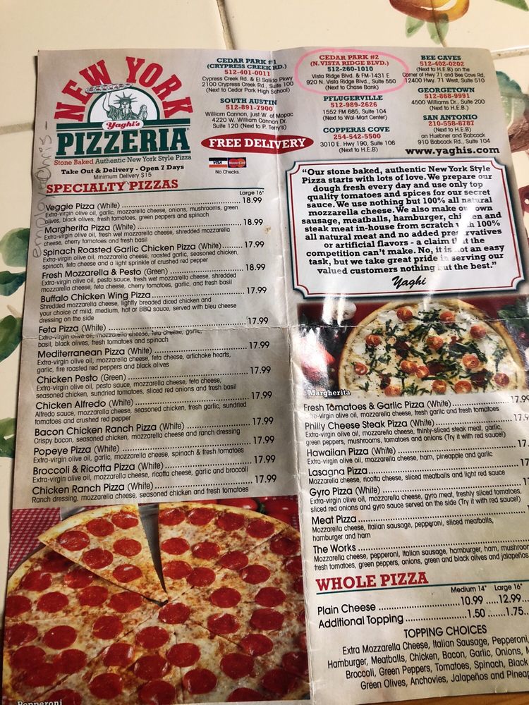 Yaghi's New York Pizzeria 920 N Vista Ridge Blvd #550, Cedar Park