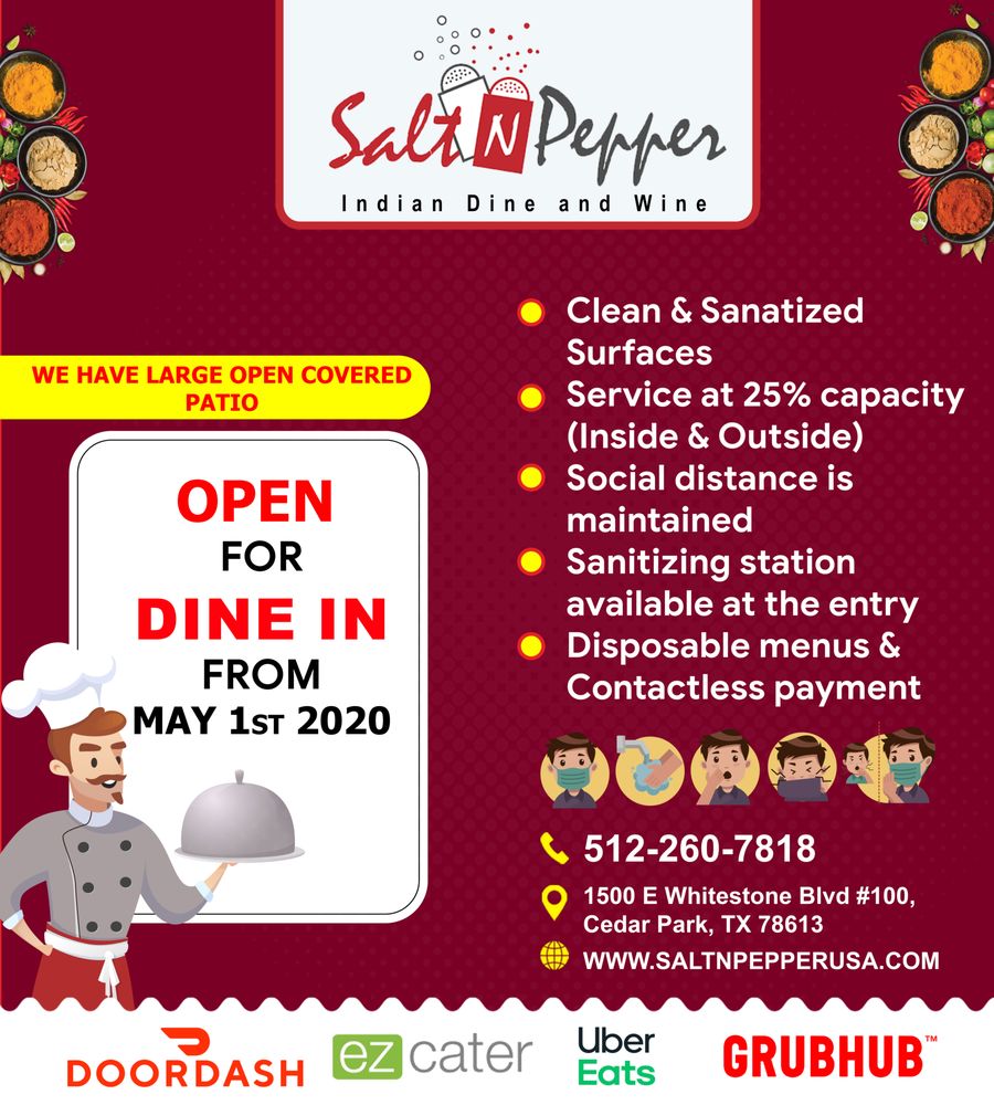 Salt N Pepper Indian Dine and Wine 1500 E Whitestone Blvd #100, Cedar Park