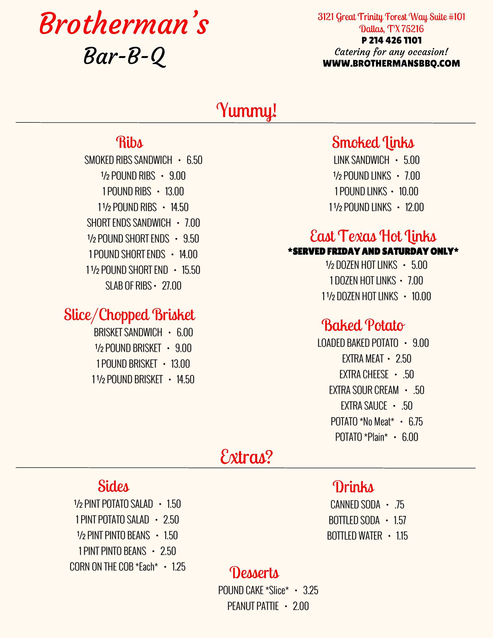 Brothermans BBQ Menu