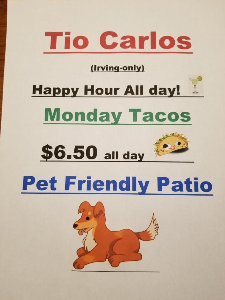 Tio Carlos Mexican Latin Grill 2742 N O'Connor Rd STE 104, Irving