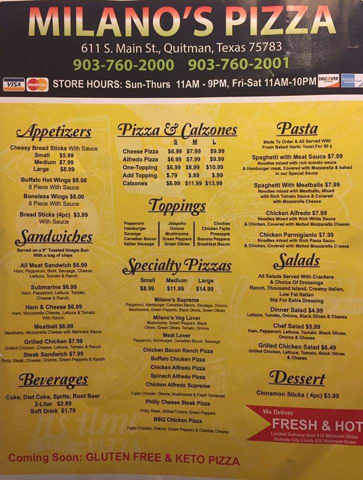milanos pizza quitman Menu