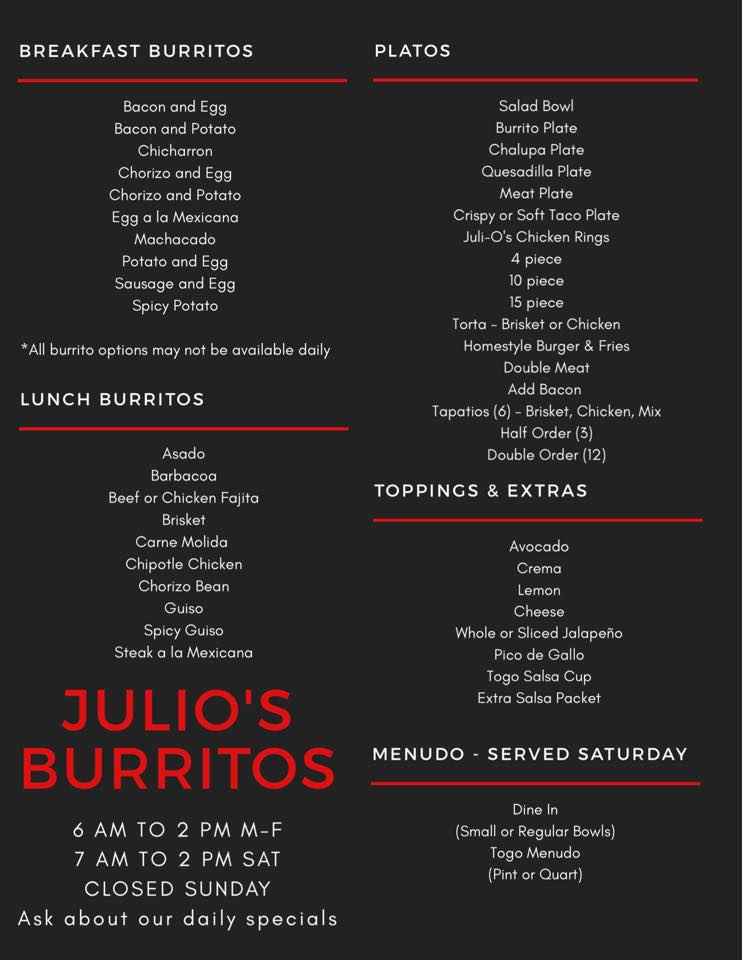 Julio's Burritos Menu