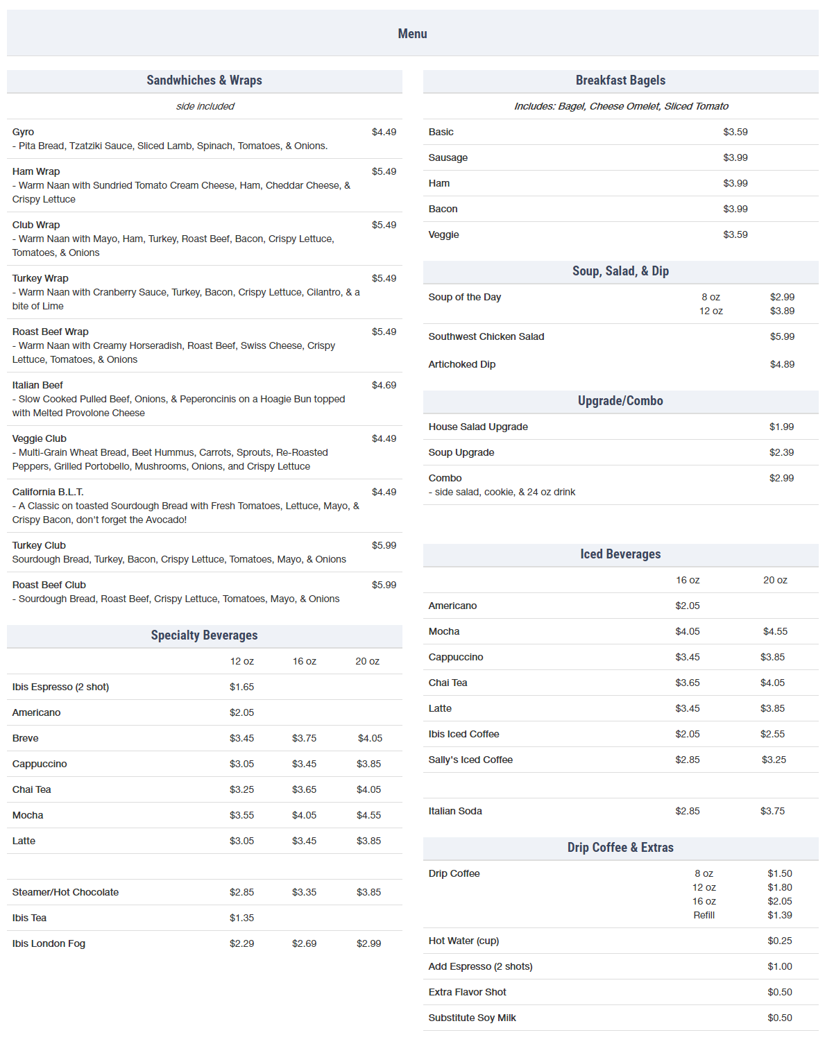 Luke's Cafe On The Quad Menu