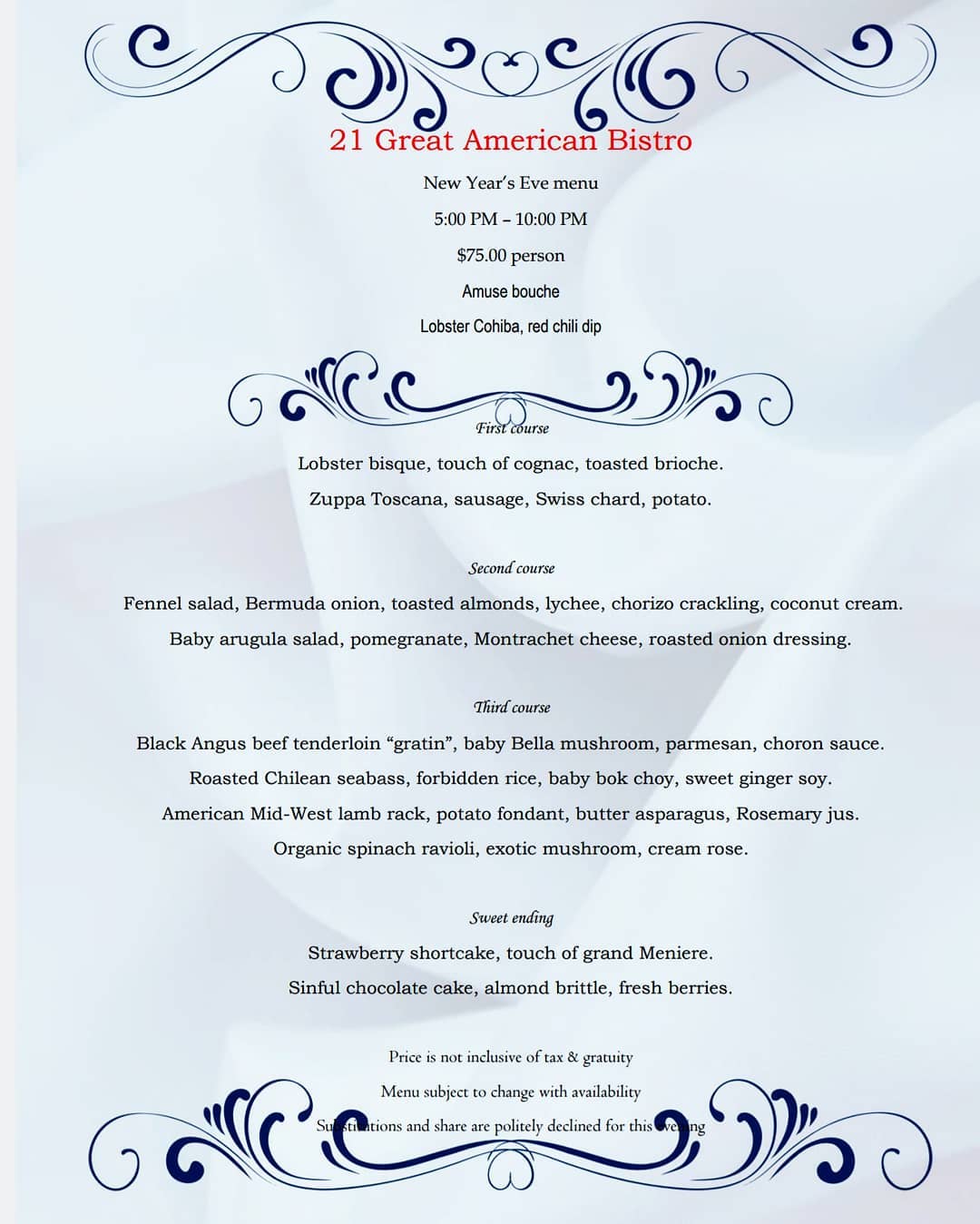21 Great American Bistro 10427 North St #102, Fairfax
