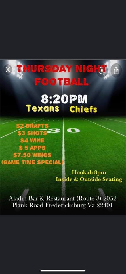 Aladin Mediterranean Bar & Grill 2052 Plank Rd, Fredericksburg