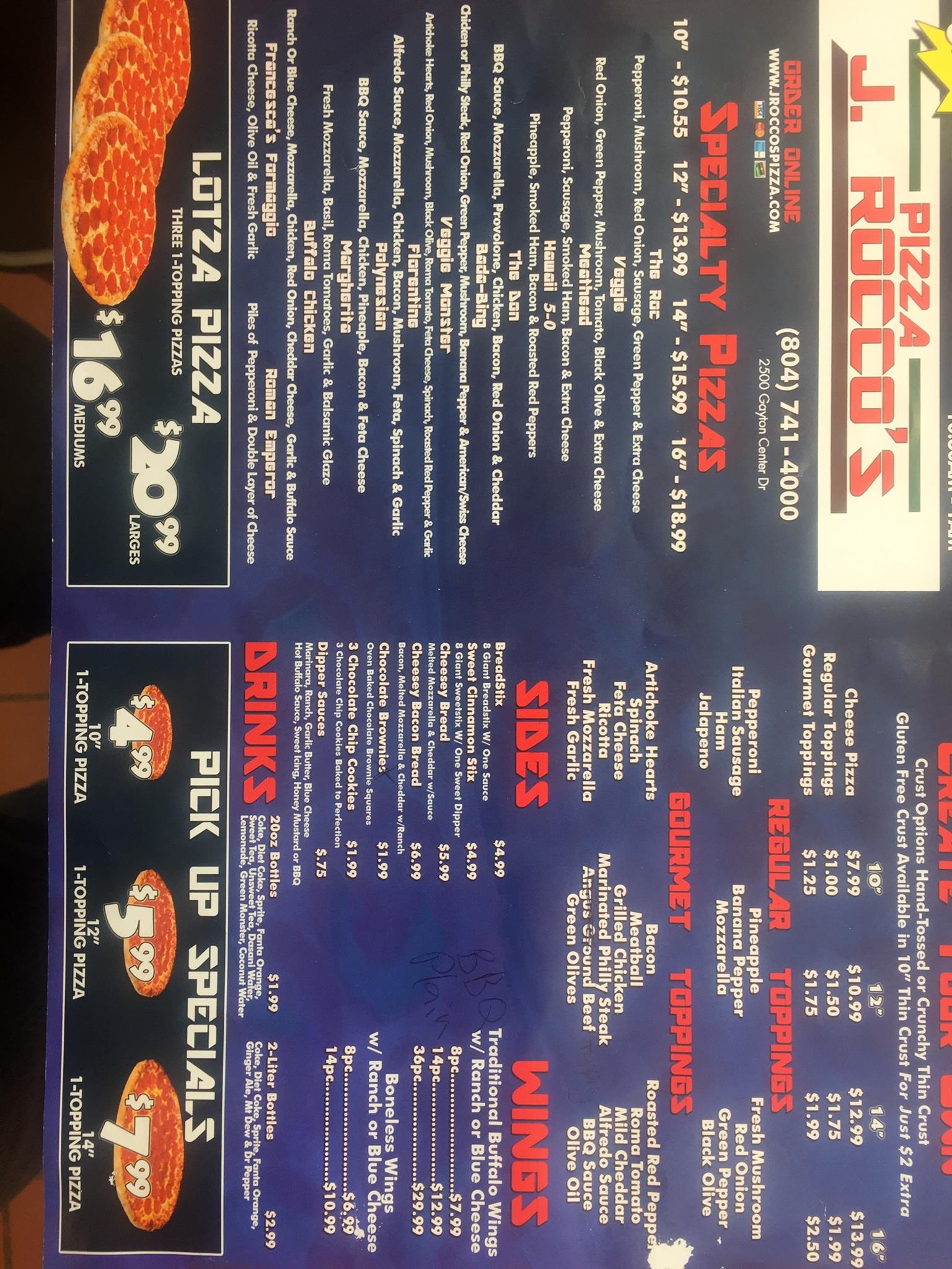 J. Rocco's Pizza Menu
