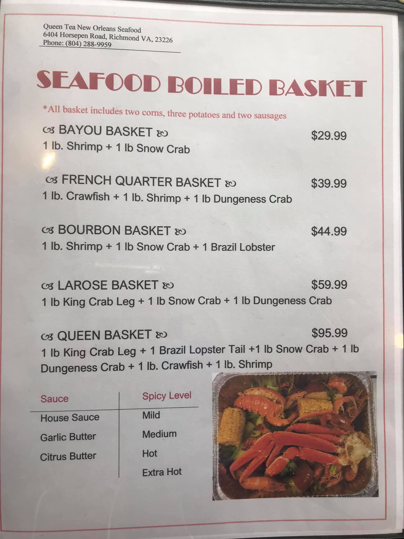 Queen Tea New Orleans Seafood Menu