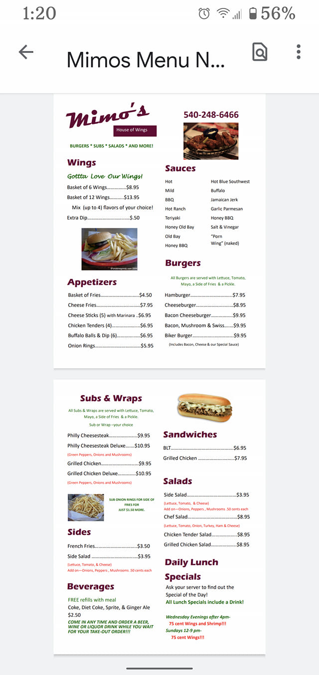 Mimo's Bar & Grill Menu
