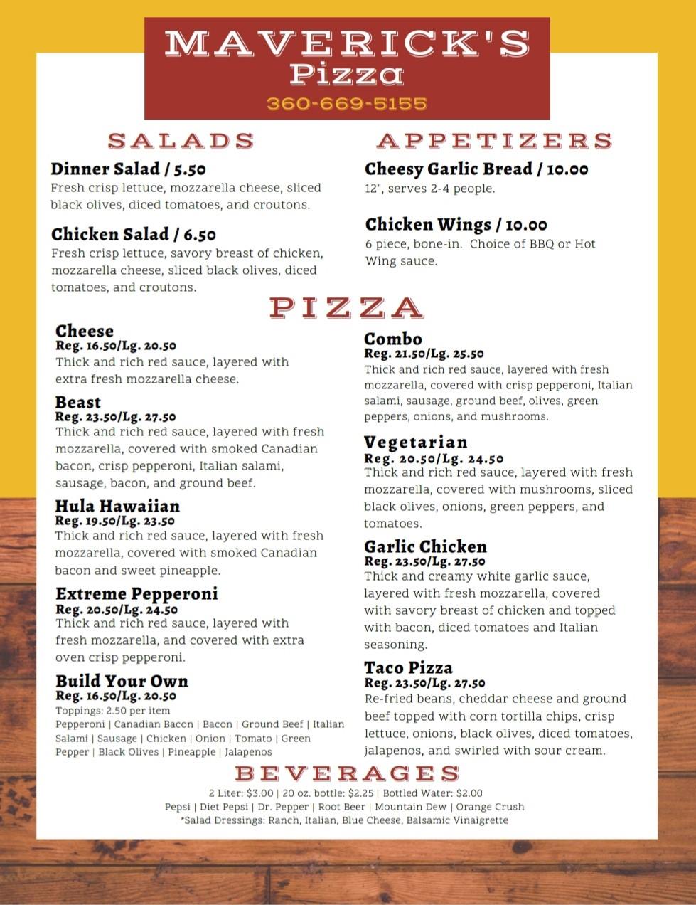 Maverick's Pizza Menu