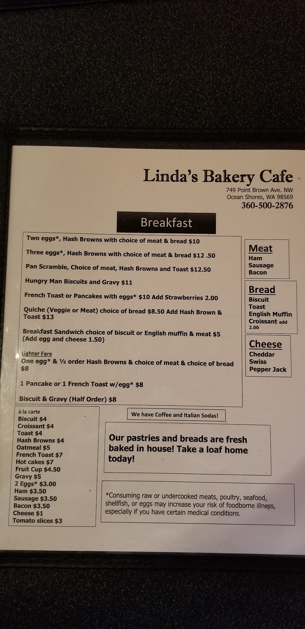 Linda's Bakery And Café Menu