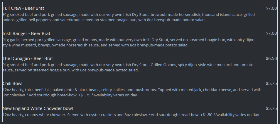 Dunagan Brewing Company Menu