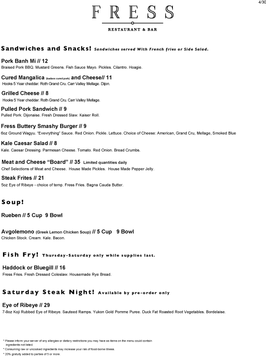 Fress Restaurant and Bar 511 W College Ave, Appleton
