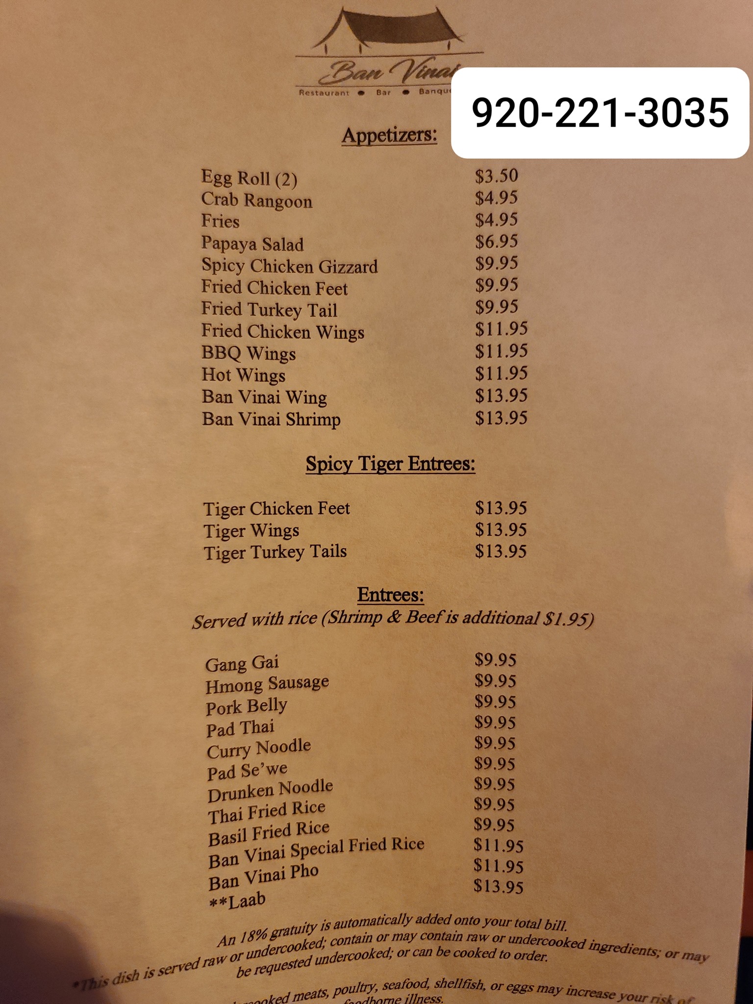 Ban Vinai Restaurant and Bar Menu
