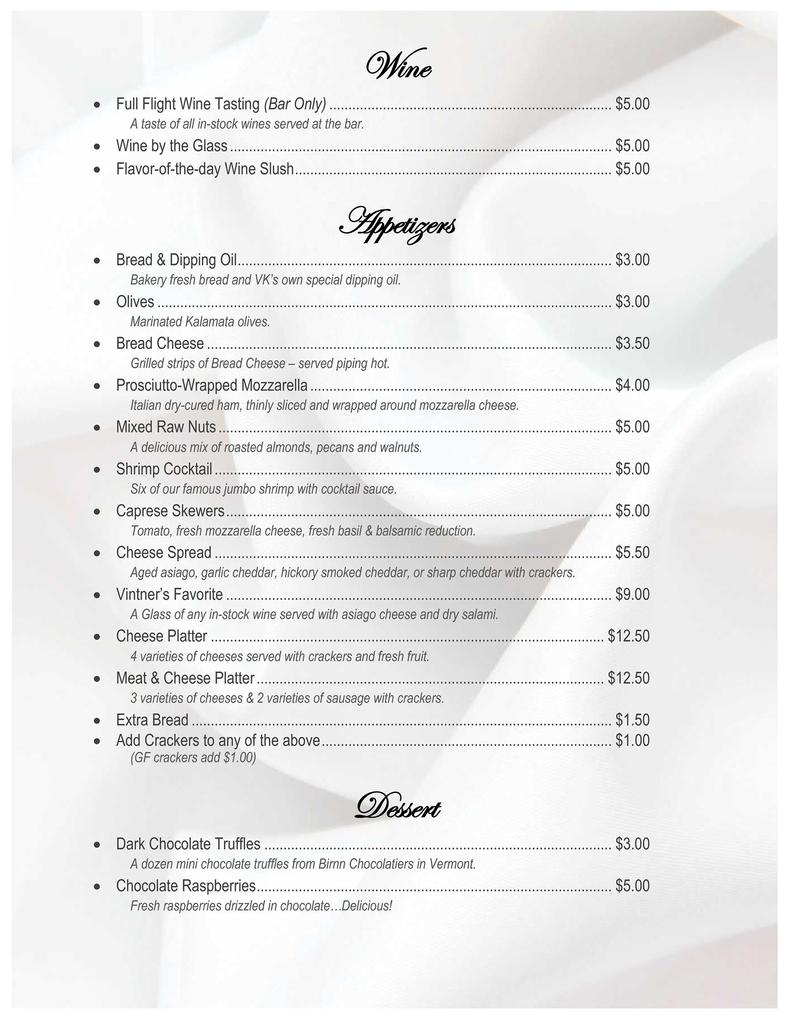 Von Klaus Winery Menu