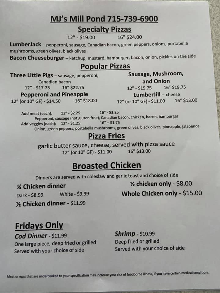 Mj's Mill Pond Menu