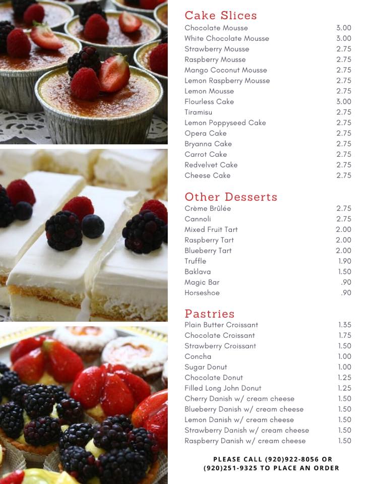 Bryannas Bakery Menu
