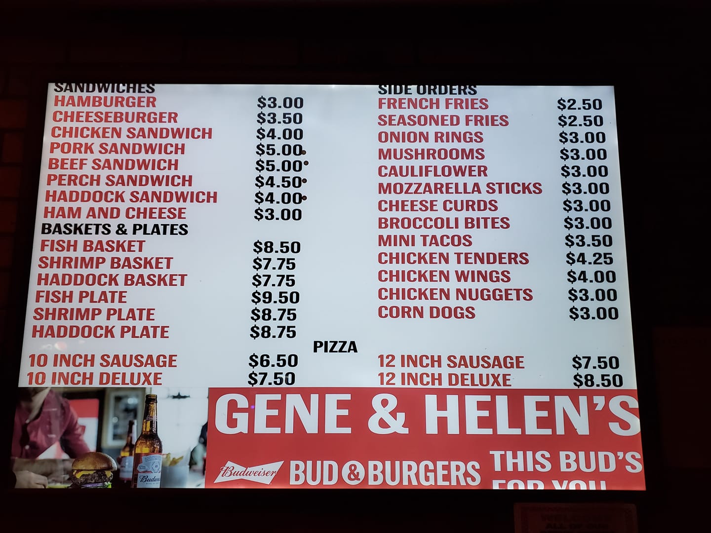 Gene & Helen's Bar Menu
