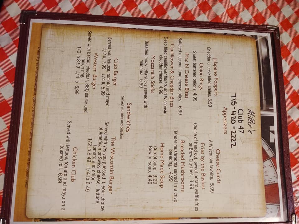 Millers club 47 Menu