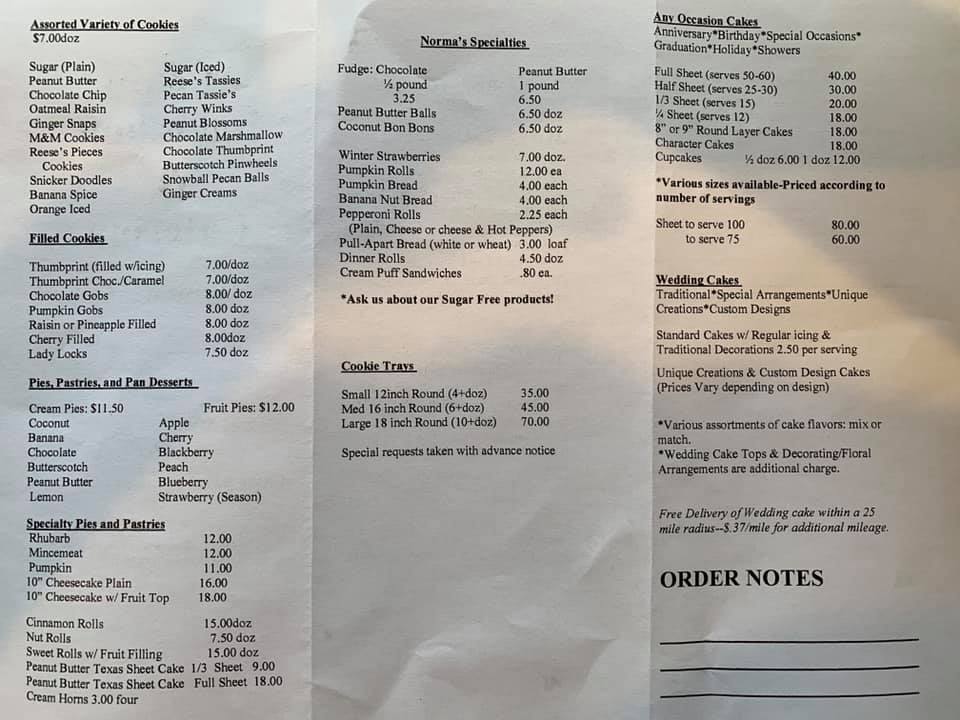 M & M Bake Shop Menu