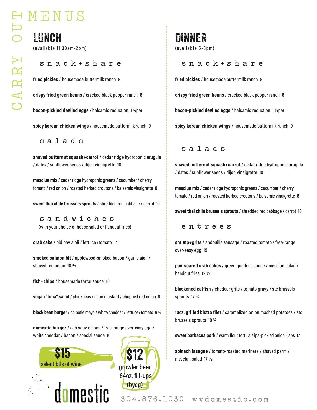 domestic restaurant Menu