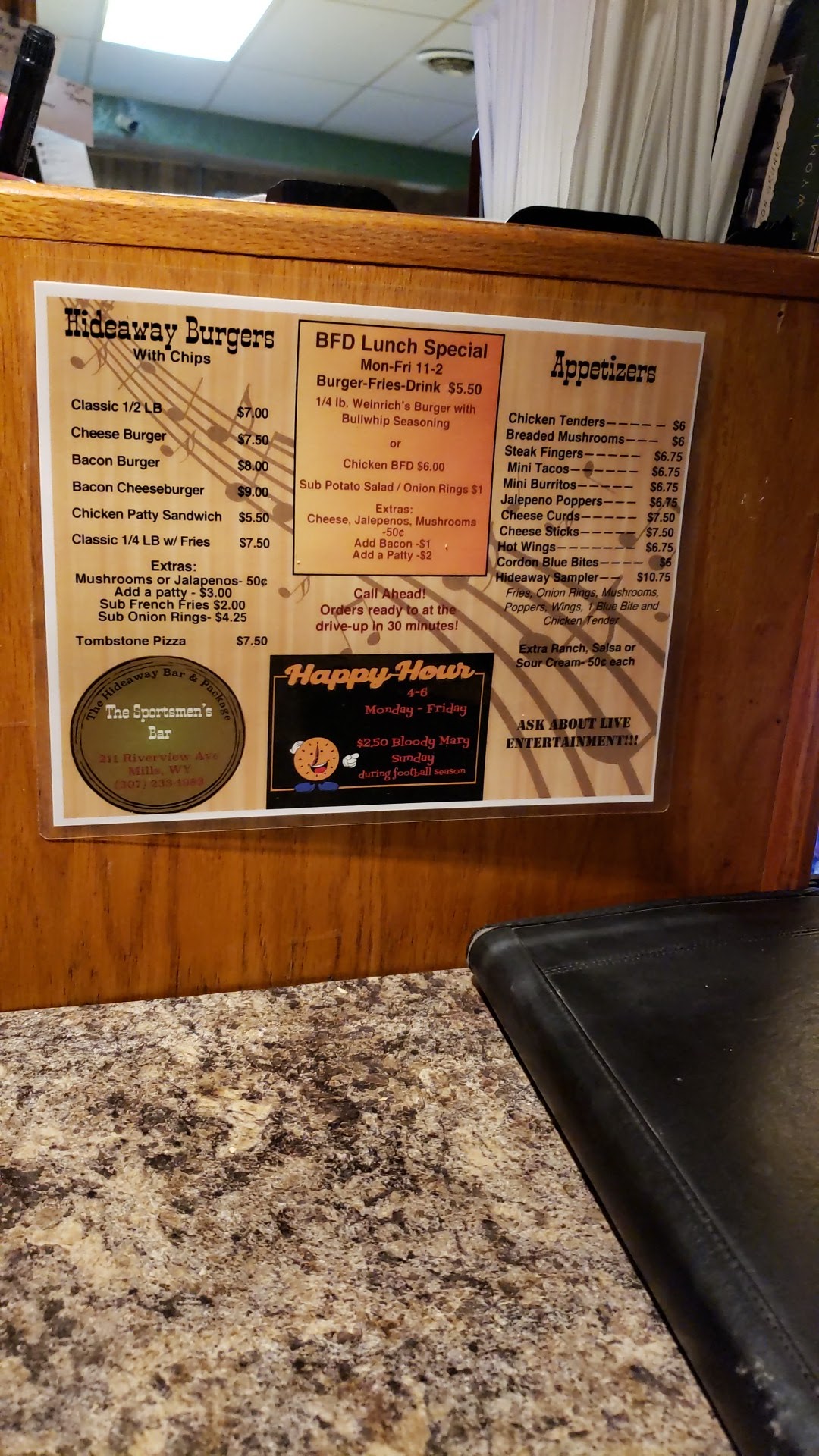 Hideaway Bar & Package Menu